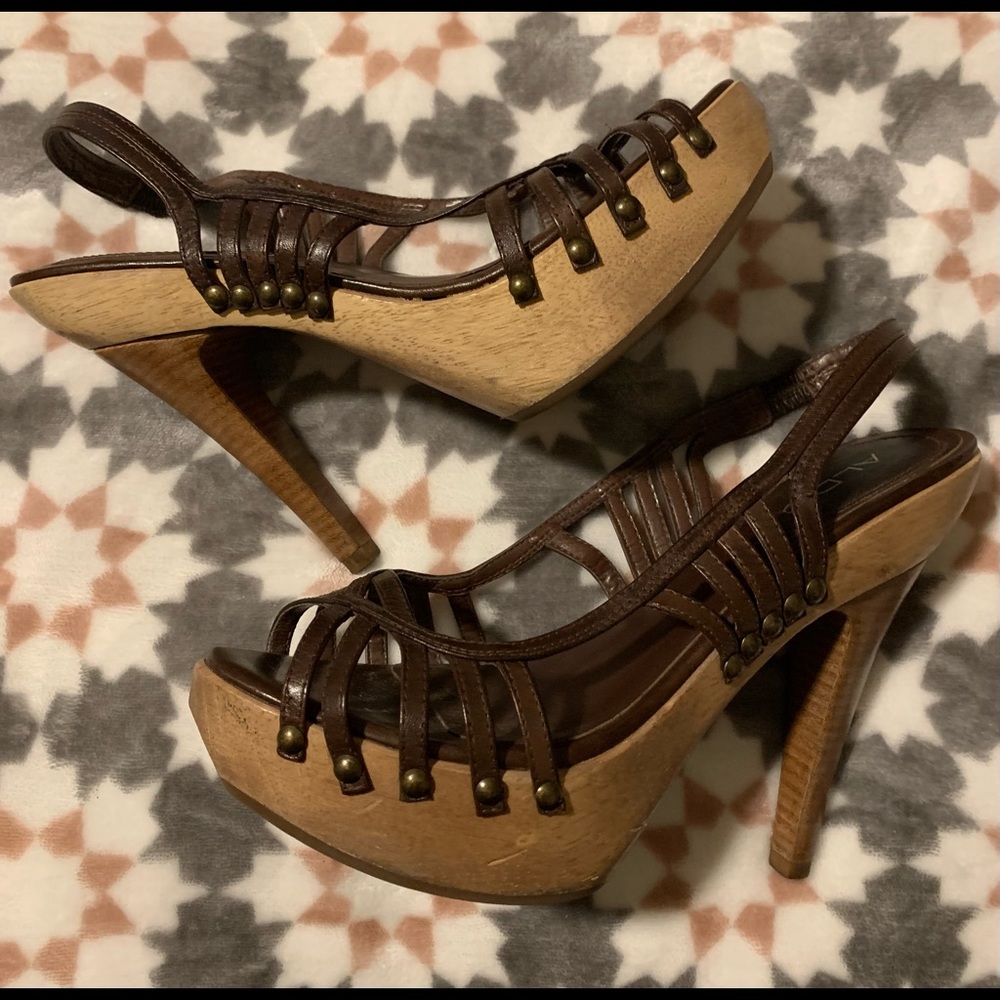 Aldo brown leather strappy wood bottom heels